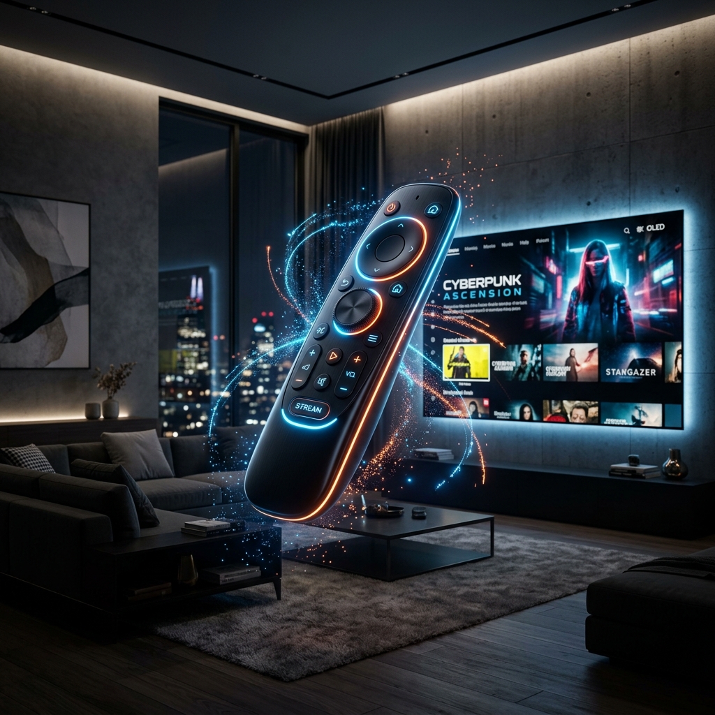 Amazon Fire TV Stick remote and streaming interface prepared for IPTV setup