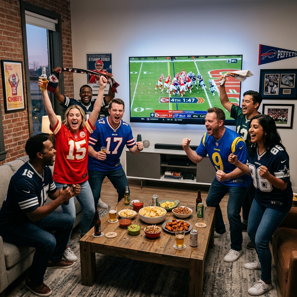 Group of friends gathered in a living room cheering while watching a live championship match