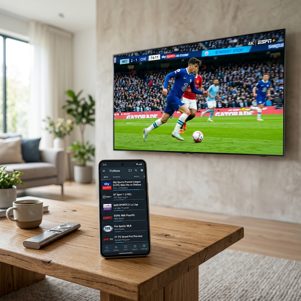Live stadium football match broadcast in 4K resolution on a modern smart television
