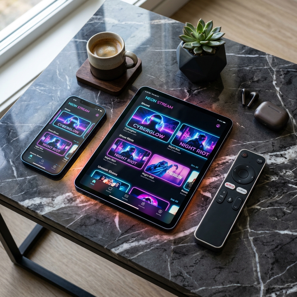 Multi-device IPTV ecosystem showing synchronized streaming across TVs, tablets, and mobile devices