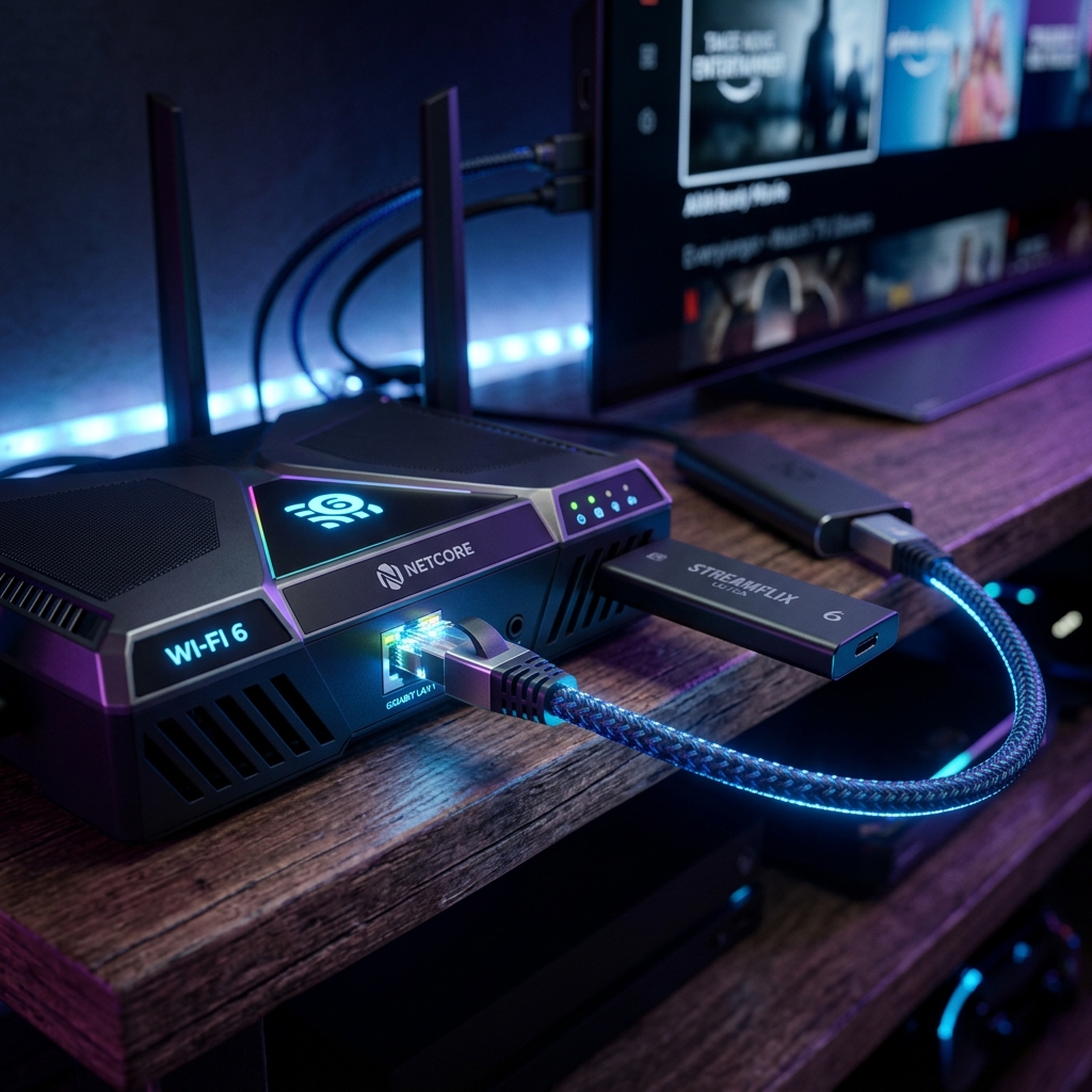 High-speed dual-band router connected via Ethernet cable for stable streaming